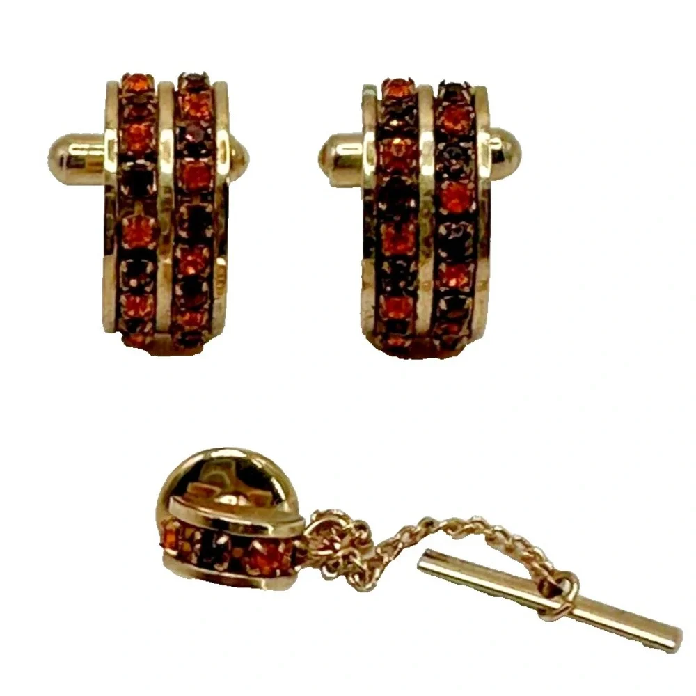 Art Deco Gold Tone Half Circle Orange Red Rhinestone Cufflinks Tie Tack Set